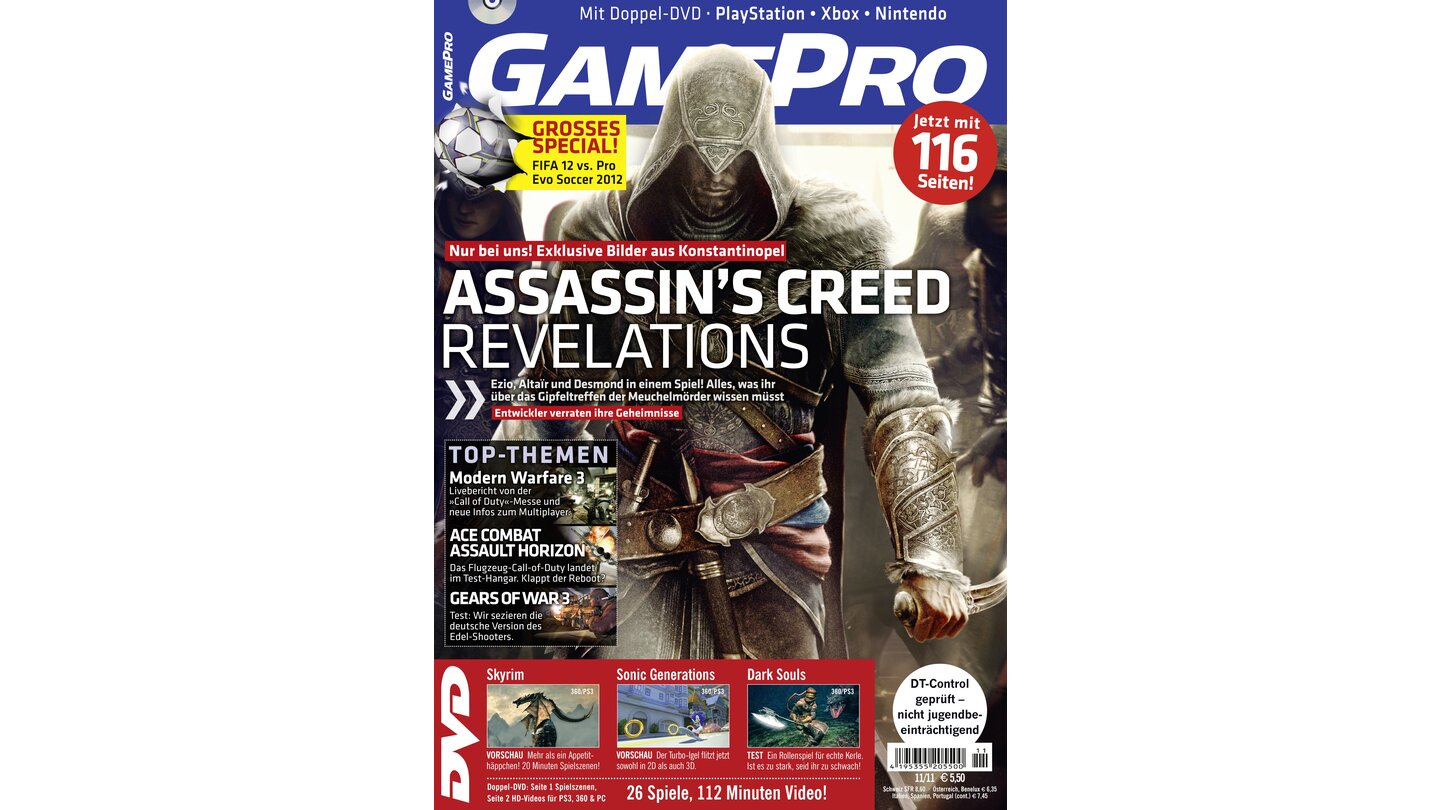 GamePro 11/2011mit Assasin's Creed Revelations-Titelstory und Tests zu Dark Souls, FIFA 12 und Gears of War 3. Außerdem: Previews zu Battlefield 3, Kingdoms of Amalur: Reckoning und The Elders Scrolls V: Skyrim.