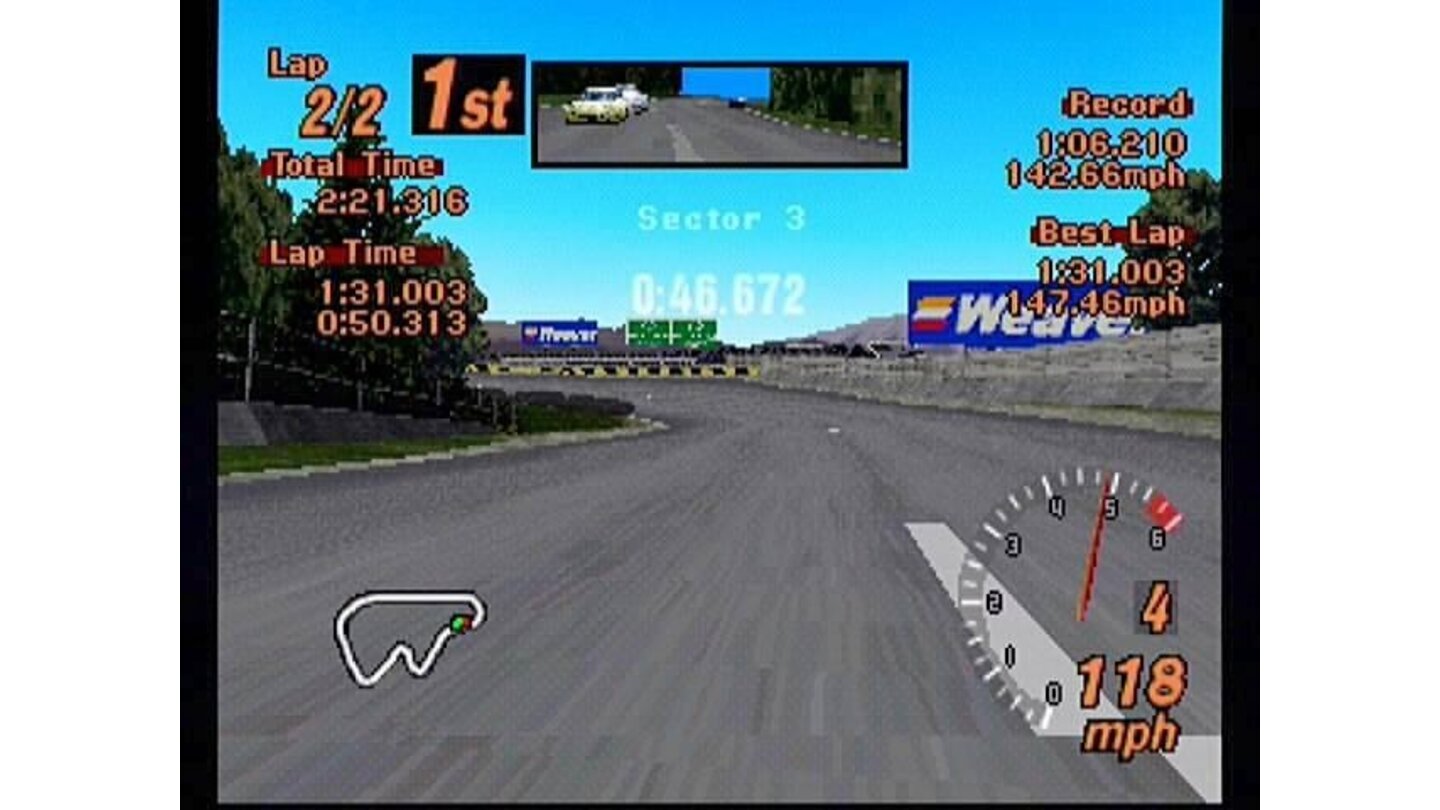 Nothing but open road. Unlike many racing games, the first person view is just as useful as the third person. In fact, you get more sensation from the dips and banks in the roads in this mode.