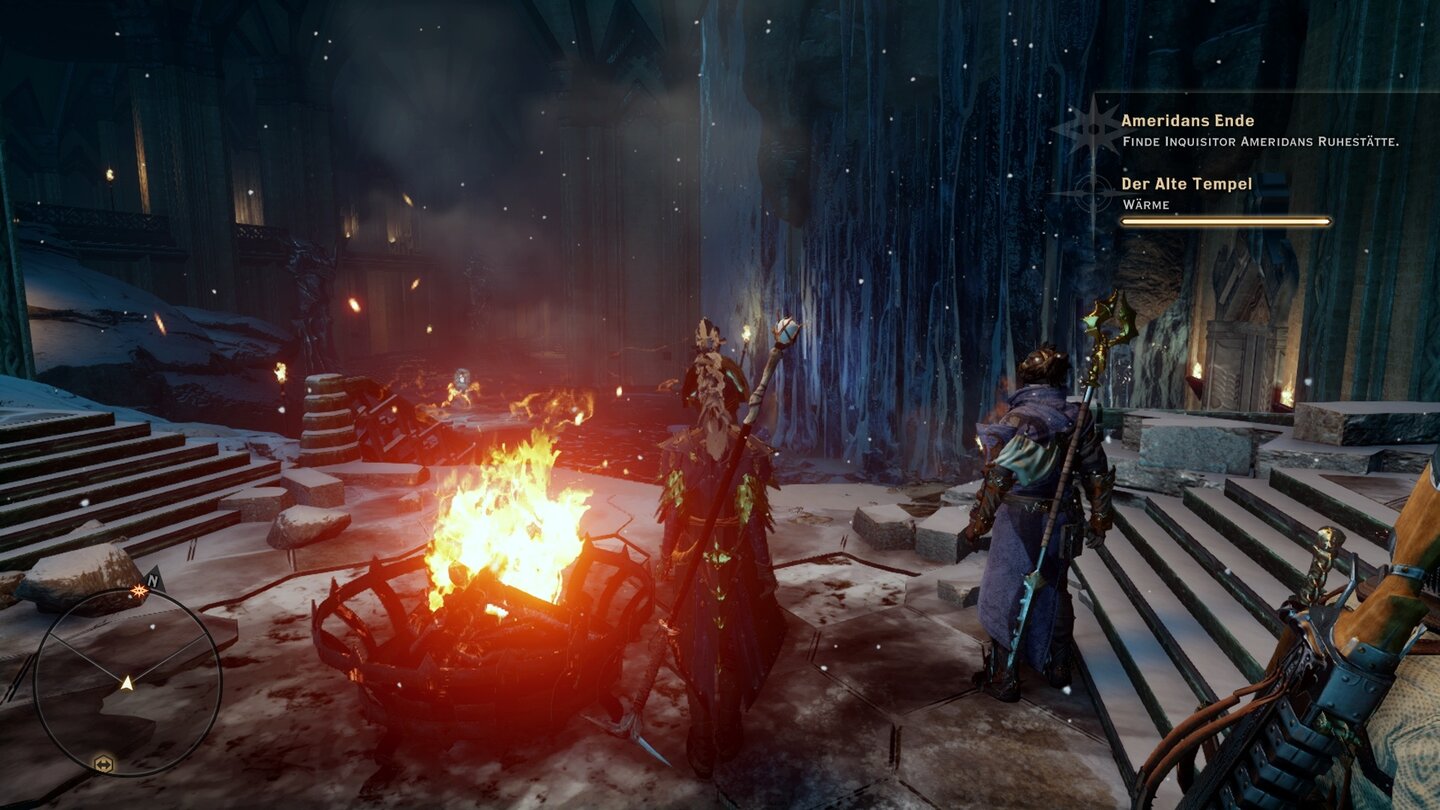 Dragon Age: Inquisition - DLC »Hakkons Fänge«Im alten Tempel müssen wir uns immer wieder am Feuer wärmen, damit unsere Gesundheit nicht in Mitleidenschaft gezogen wird.