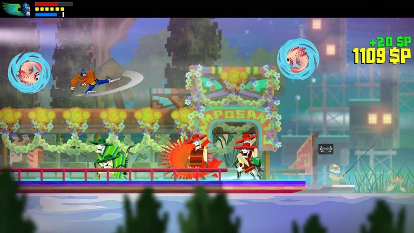 Guacamelee! Super Turbo Championship EditionVerschiedenfarbige Gegner wenden jeweils unterschiedliche Kampftaktiken an.