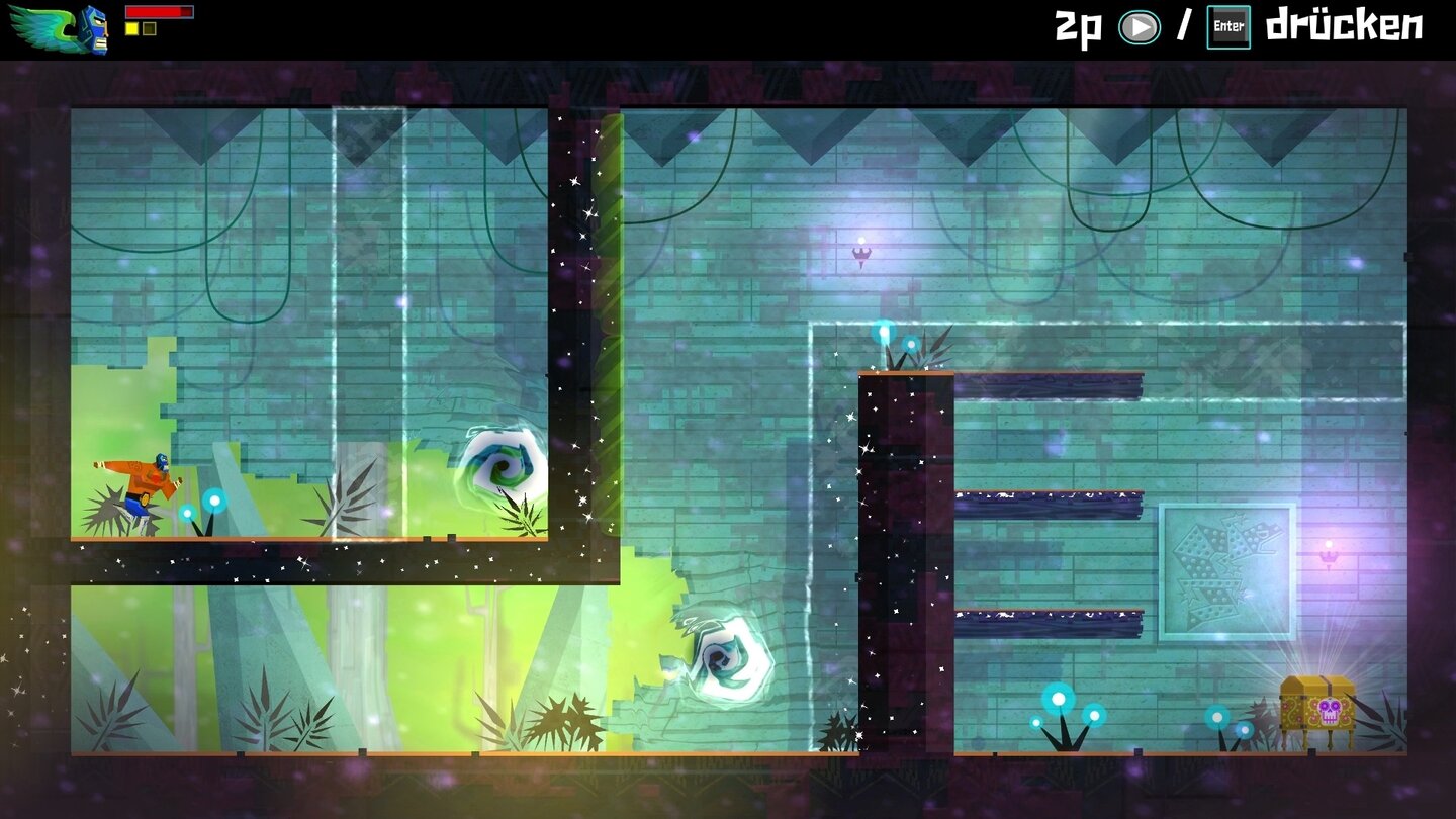 Guacamelee! Super Turbo Championship EditionDer Dimensionswechsel spielt bei vielen Rätseln eine tragende Rolle. Hüpfen wir in die Dimensionsstrudel, verändert sich die Umgebung.