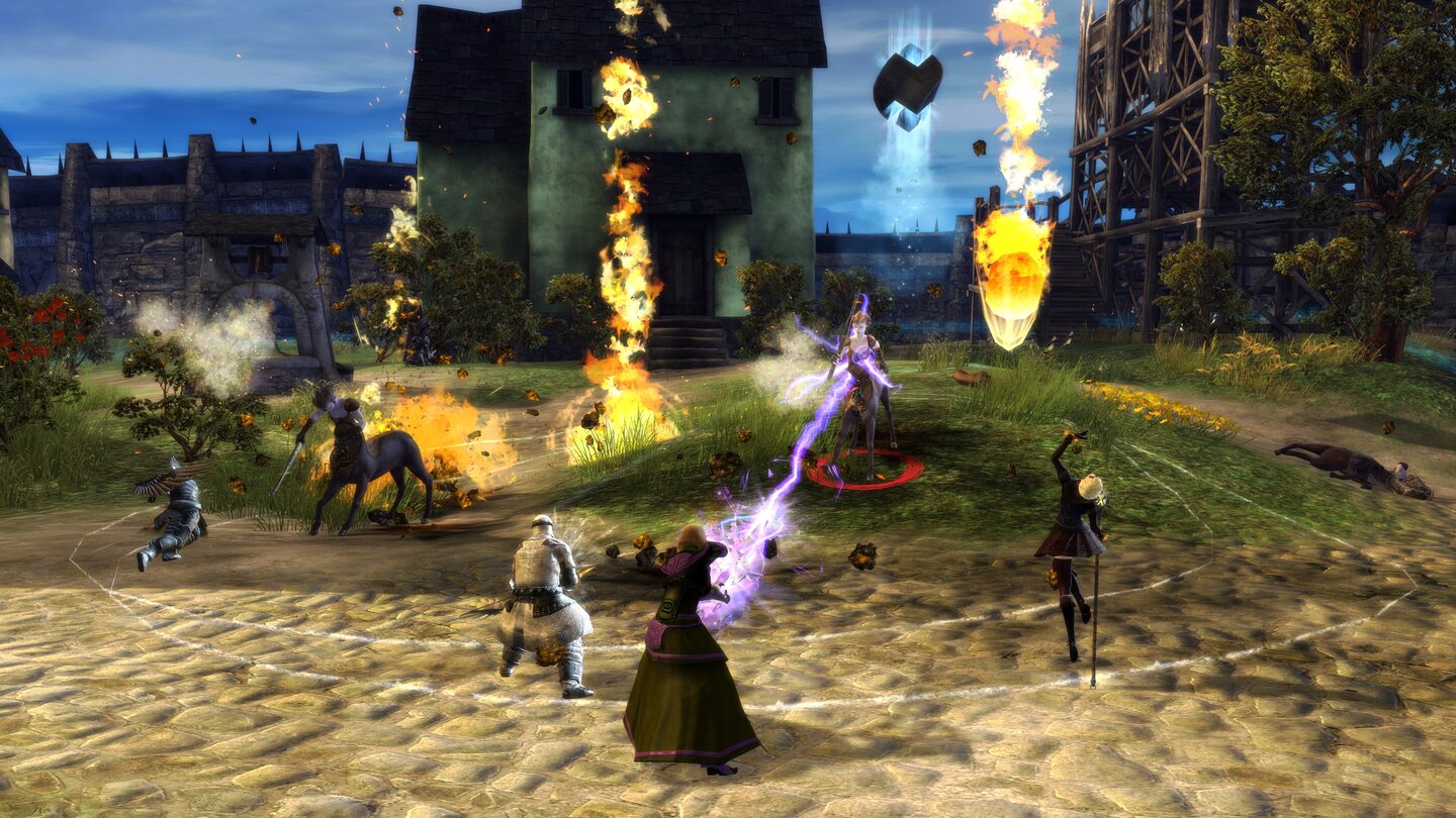 Guild Wars 2Unser Mesmer rückt zusammen mit einem Elementalisten und NPC-Kämpfern einer Zentaureninvasion entgegen.