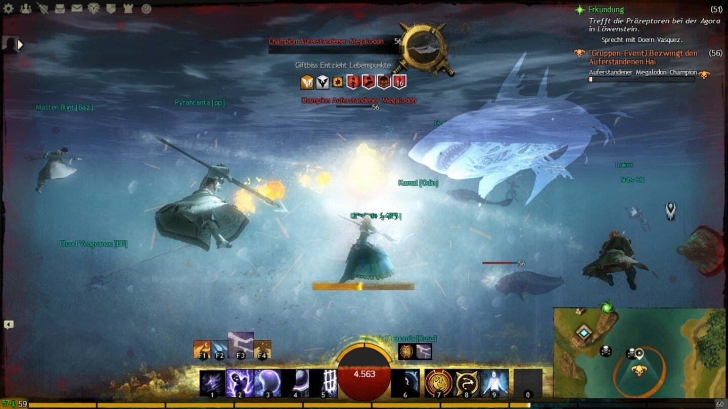 Guild Wars 2Auch unter Wasser lauern Champions, wie dieser riesige wiederauferstandene Megalodon (ausgestorbene Haiart).