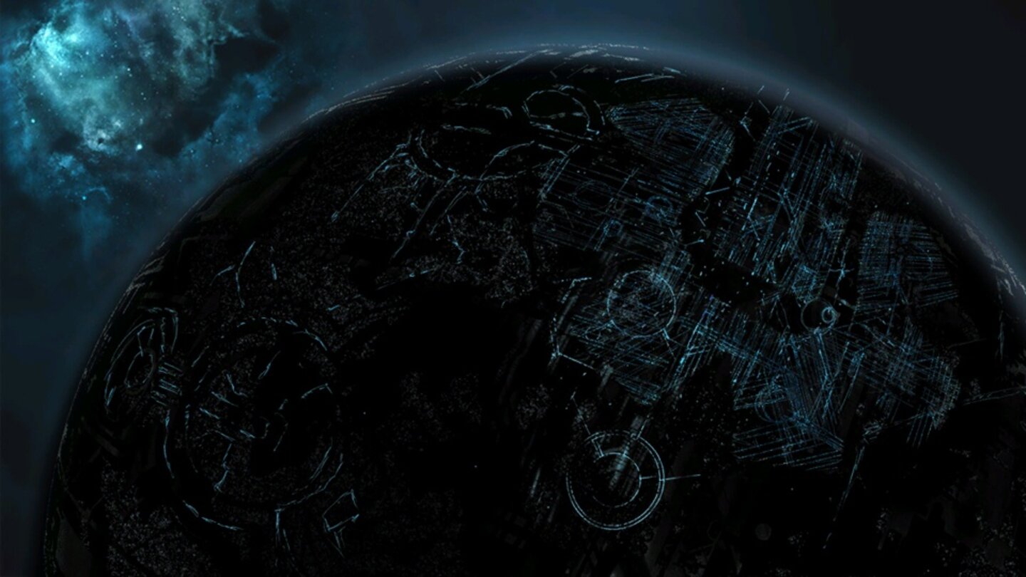 Halo 4 - RequiemDer Planet über dem die Forward Unto Dawn und später die Infinity abstürzen, war bereits im Epilog von Halo 3 zu sehen und wird als Requiem oder »legendärer Planet« bezeichnet. Die gesamte Oberfläche von Requiem ist mit Symbolen der Blutsväter bedeckt, von denen einige aus früheren Halo-Teilen bekannt sind. 343 Industries hat inzwischen bekannt gegeben, dass es sich bei Requiem nicht um einen Planeten im eigentlichen Sinn, sondern um eine künstliche Dyson Sphäre handelt, in deren Zentrum eine Sonne die heimischen Lebensformen mit Energie versorgt. Damit ist Requiem eine Abart der Schildwelten der Blutsväter – Konstruktionen, die der Macht der Halo-Ringe standhalten können und das Überleben ihrer Erbauer sicherstellen sollten.