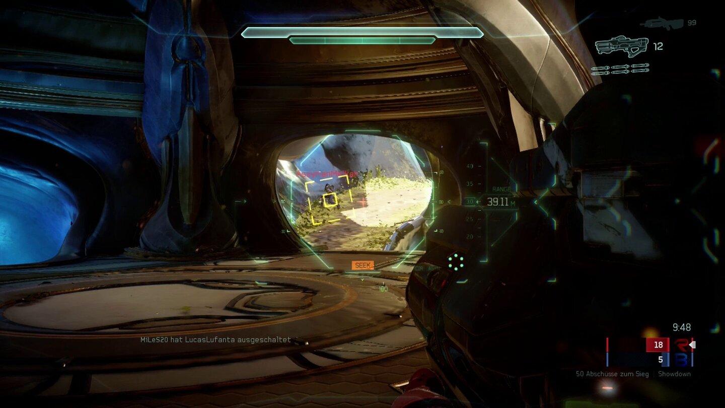 Halo 5: GuardiansDer neue Hydra-raketenwerfer spielt sich gewöhnungsbedürftig: Im besten Fall lassen sich damit mehrere Gegner erfassen und eliminieren.