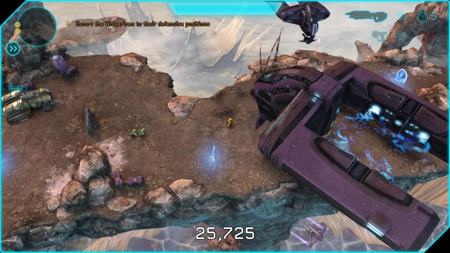 Halo: Spartan Assault - Screenshots aus der Steam-VersionDer Coventant-Truppentransporter rechts ist Halo-Fans bereits vertraut, die von ihm abgesetzten Elites auch.