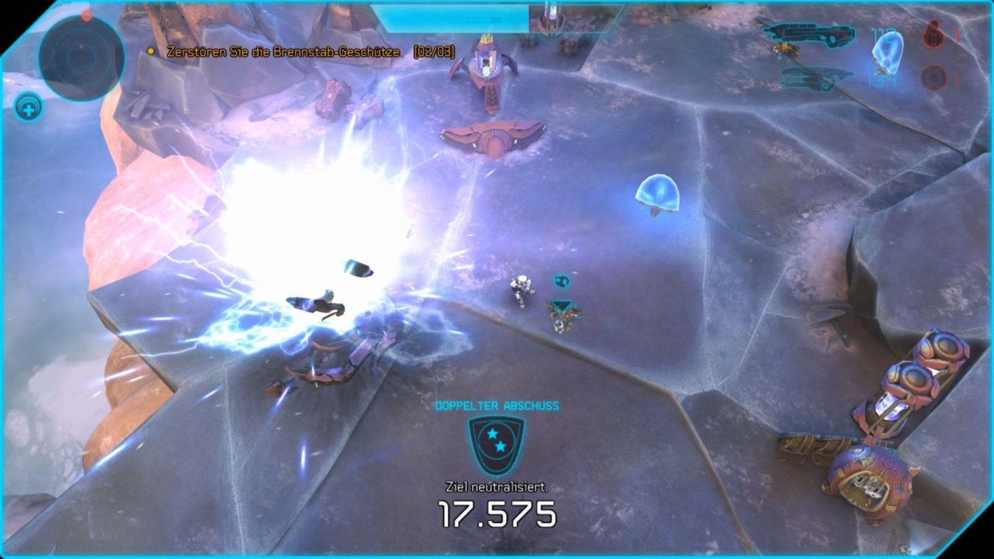 Halo: Spartan Assault (Xbox One)Gefährliche Bedrohung: Gegnerische Geschütze sollte man schnellstmöglich ausschalten.