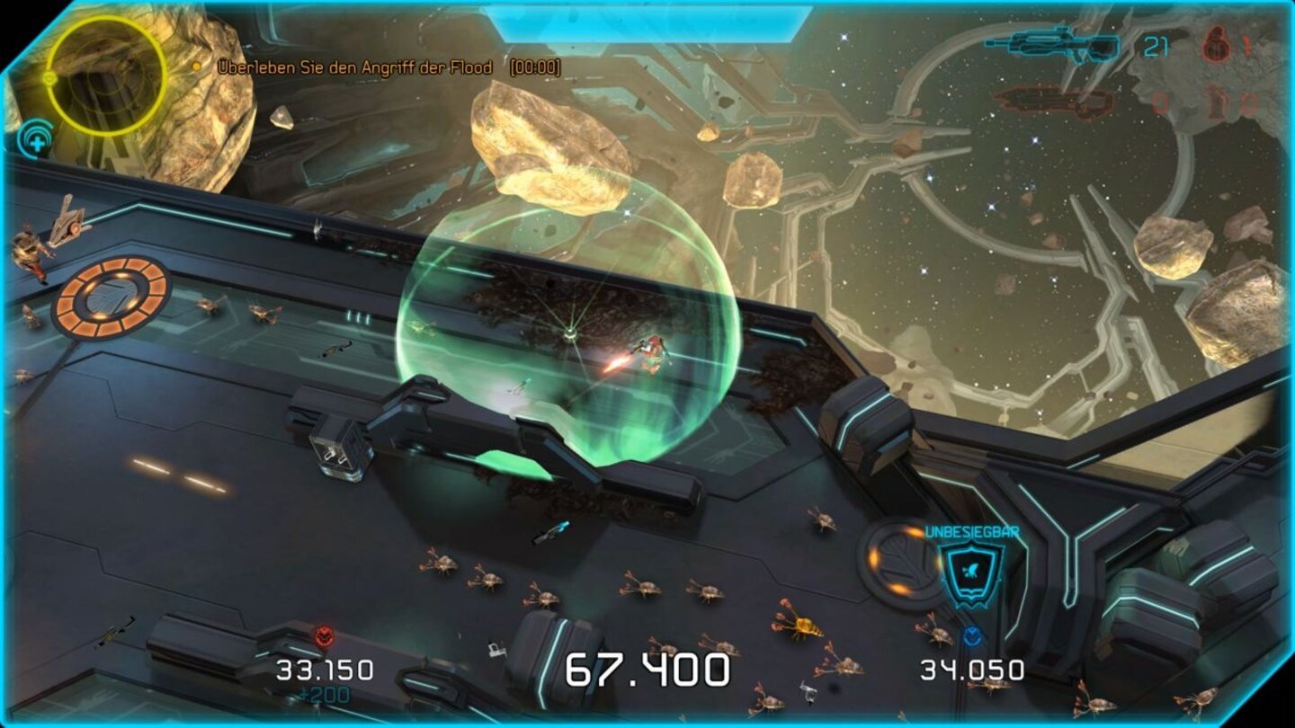 Halo: Spartan Assault (Xbox One)
Rüstungsfähigkeiten lassen sich ebenfalls einsetzen. Hier heilen wir unseren Spartan mit einem Energieschild.
