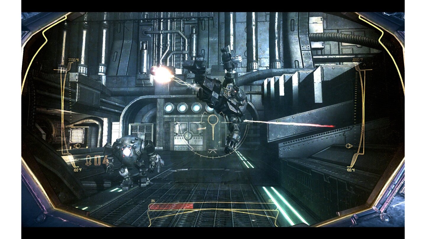 The Chronicles of Riddick: Assault on Dark AthenaIn einem Mech unternimmt Riddick einen Ausflug auf die Außenhülle des Raumschiffs. Feindliche Kampfmaschinen trudeln ins All, wenn sie erledigt sind.