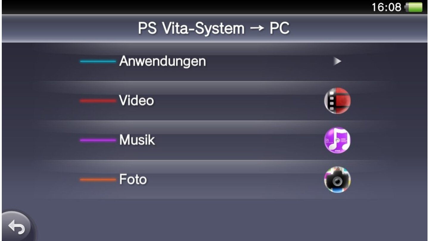 Der InhaltsmanagerWenn ihr nun die PS Vita über das USB-Kabel an den PC anschließt und den Inhaltsmanager auch auf der Vita startet, wird der Computer erkannt und ihr könnt mit der Herumschieberei der Daten beginnen.Unterstützte Audio- und Videoformate:Musik: MP3 MPEG-1/2 Audio Layer 3, MP4 (MPEG-4 AAC), WAVE (Linear PCM)