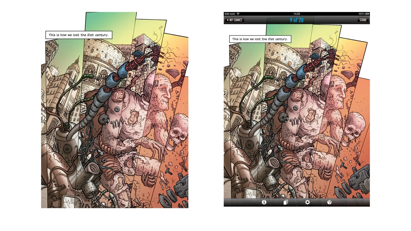 SD-Comic (iPad 1, links) im Vergleich zu HD-Comic (iPad 3, rechts).