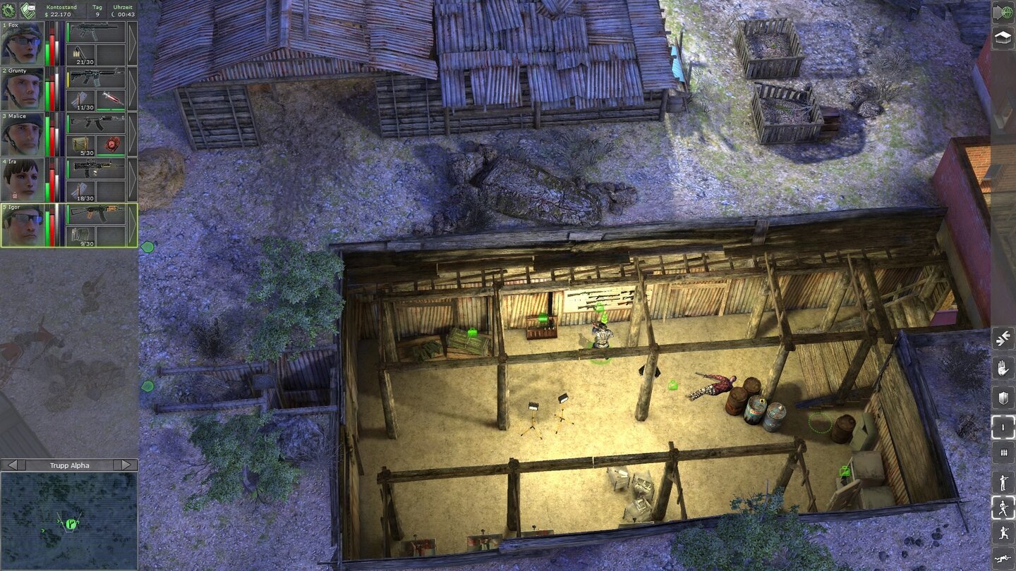 Jagged Alliance: Back in ActionWir haben in einem Banditenversteck ein hochkarätig bestücktes Waffenlager gefunden, was die folgenden Spielstunden deutlich erleichtert.