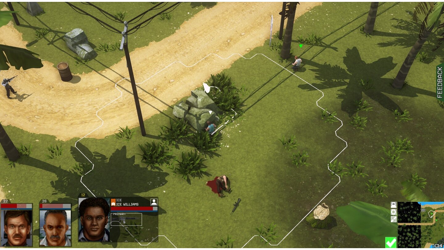 Jagged Alliance: Flashback
Das Deckungssystem erinnert sehr stark an XCOM: Enemy Unknown, selbst die Symbolik ist identisch. Allerdings sind alle Einblendungen natürlich nur Platzhalter.