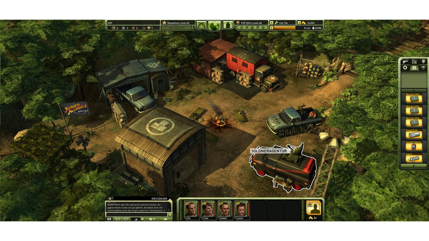 Jagged Alliance OnlineUnser Söldnerlager lässt sich in mehreren Stufen ausbauen. Hier sehen wir eine fortgeschrittene Variante.