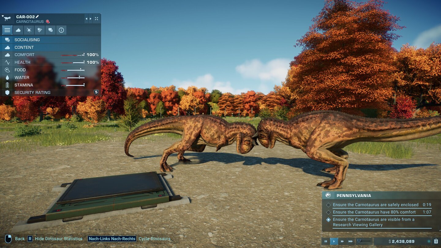 Die spielen nur: Langweilt sich unser Carnotaurus, liefert er sich Spaßkämpfe mit seinen Artgenossen. Verletzt wird dabei niemand.