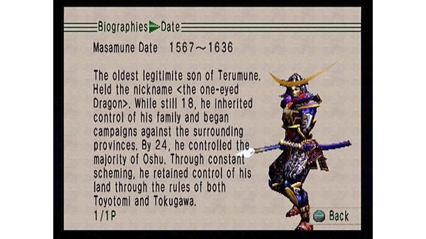 History Lesson. Included with the game is a brief encyclopedia, detailing the background of the major players in the game, such as Date Masamune.