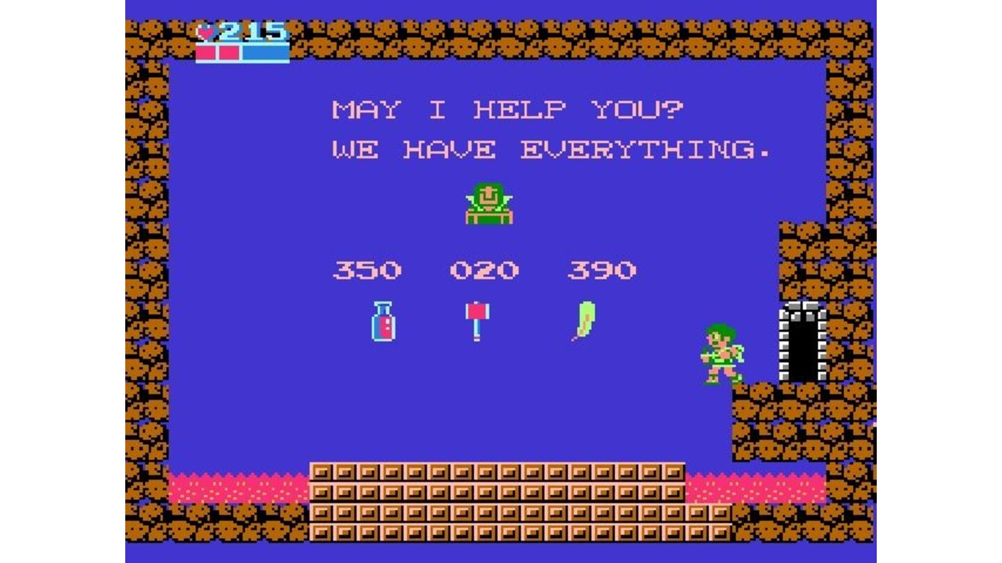 Kid Icarus (NES)In den Shops gibt es nützliche Objakte. Die Feder zum Beispiel hält den Helden im Spiel, wenn er aus dem Bildschirm plumpst.