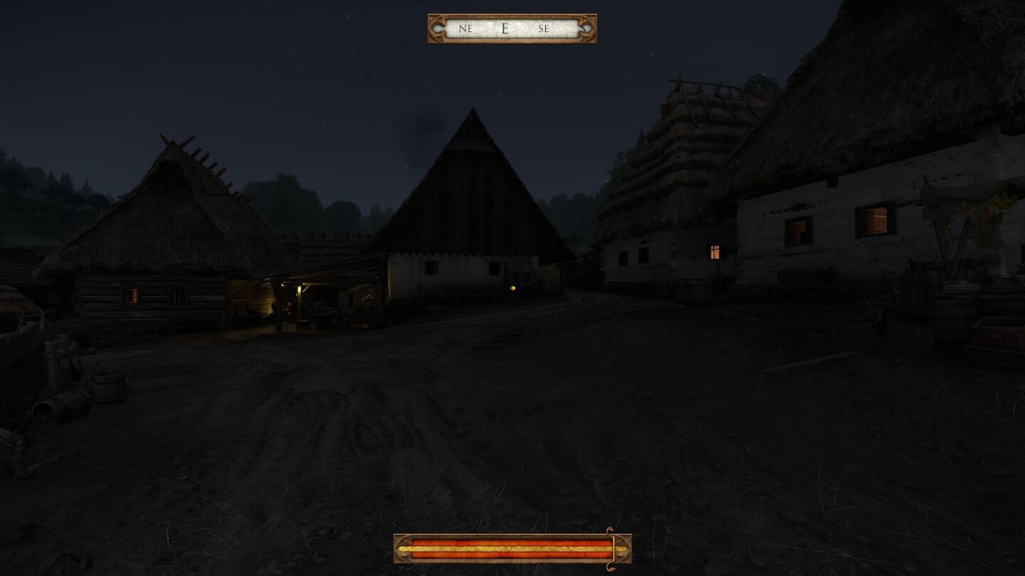 Kingdom Come: Deliverance – Alpha-VersionDas Dorf bei Nacht. Nur aus wenigen Fenstern dringt etwas Licht. Der Mond sorgt für ein wenig Restlicht.