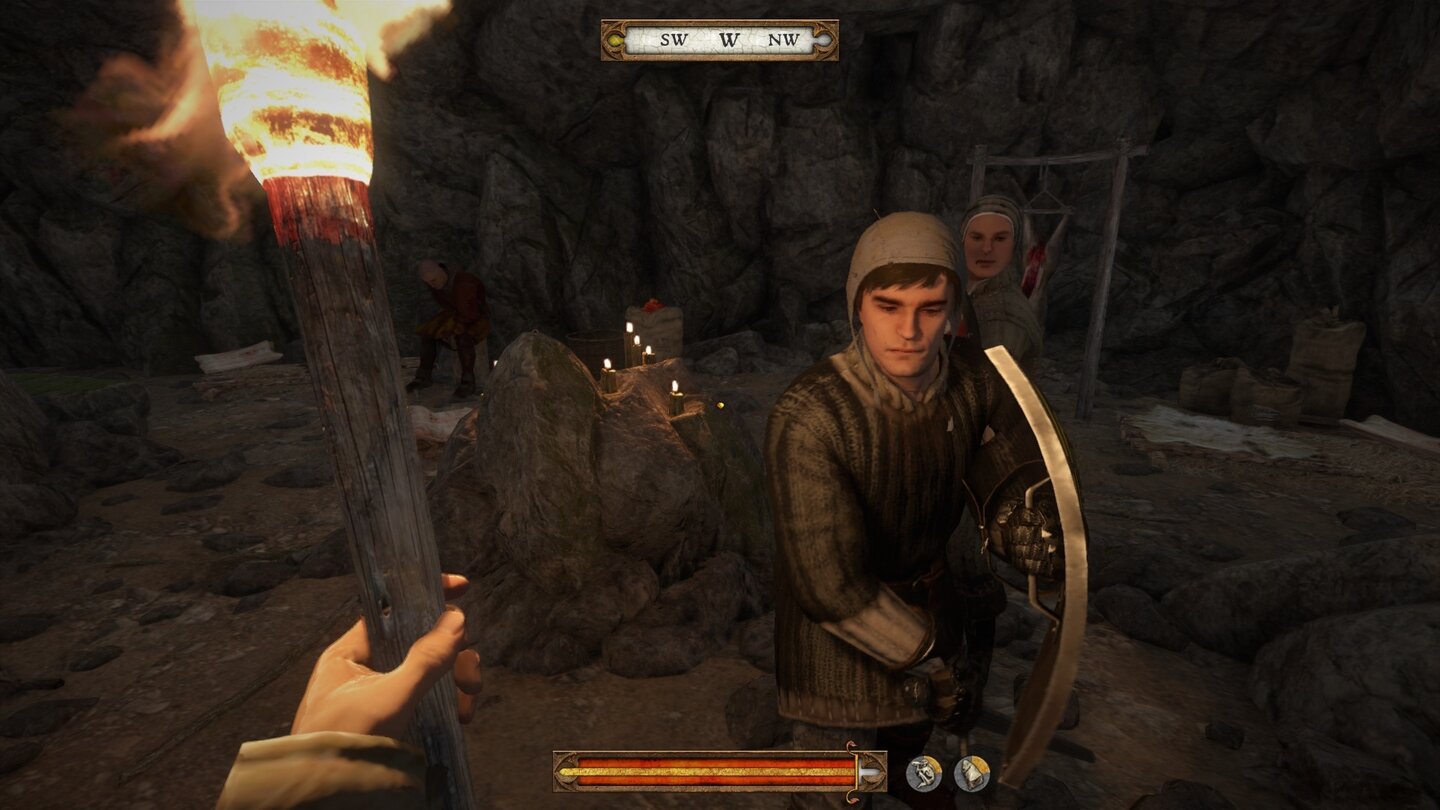 Kingdom Come: DeliveranceWir haben das Versteck von Reeky (hinten links) aufgespürt. Seine beiden Spießgesellen greifen mit Schwert und Schild an.