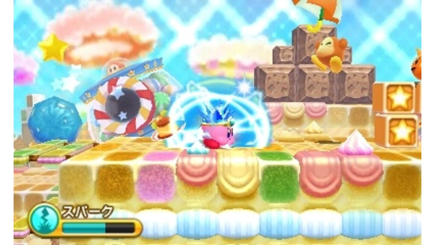 Kirby Triple DeluxeHier zeigt Kirby seine Eisattacke, mit der er Gegner einfrieren kann.