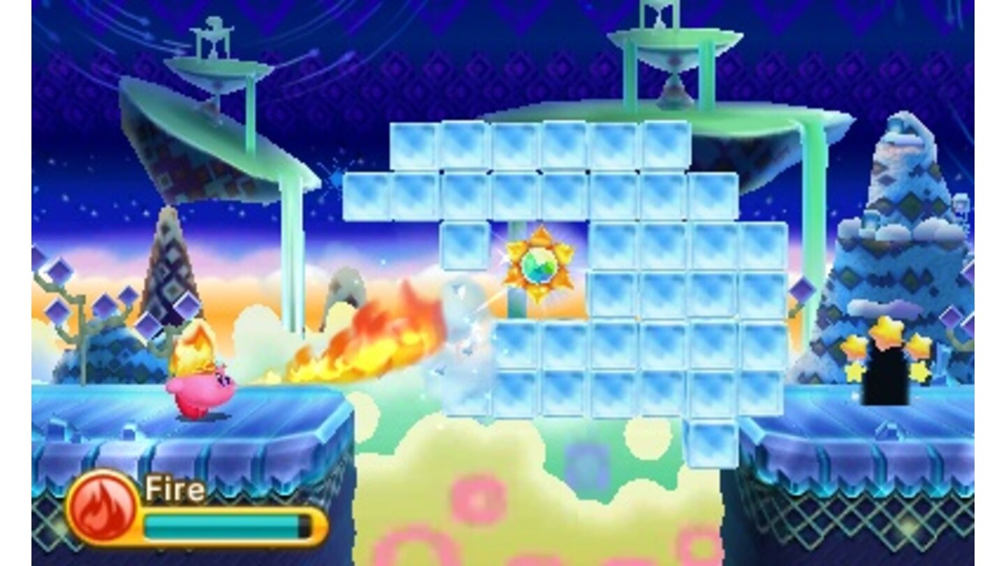 Kirby Triple DeluxeMit Feuer lassen sich Eisblöcke wegschmelzen.
