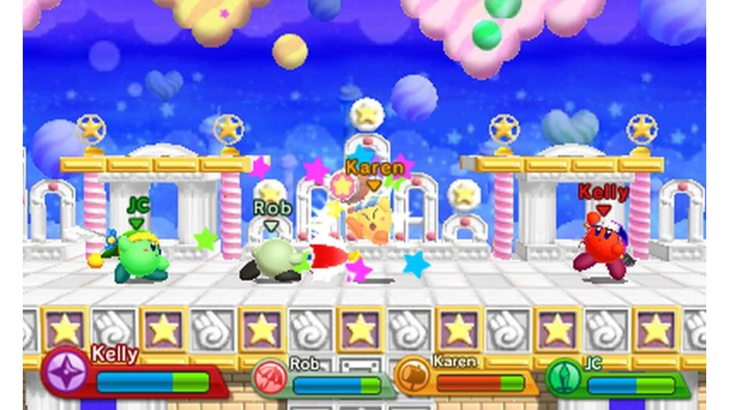 Kirby Triple DeluxeIm Spielmodus »Kirbys Recken« können wir mit bis zu drei Freunden Wettkämpfe bestreiten.