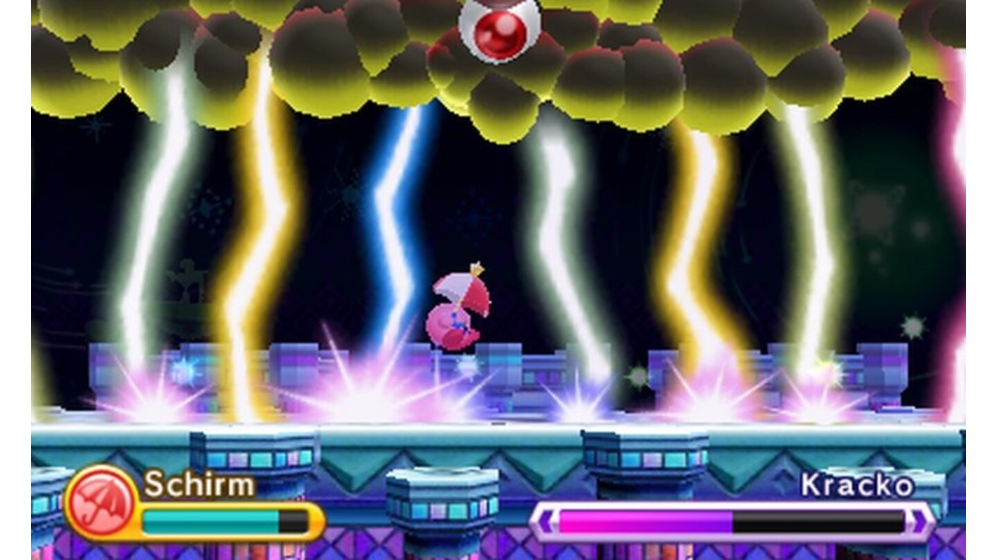 Kirby Triple DeluxeHier ist Geschicklichkeit gefragt: Zum richtigen Zeitpunkt müssen wir in den Zwischenräumen des Blitzgewitters Schutz suchen.