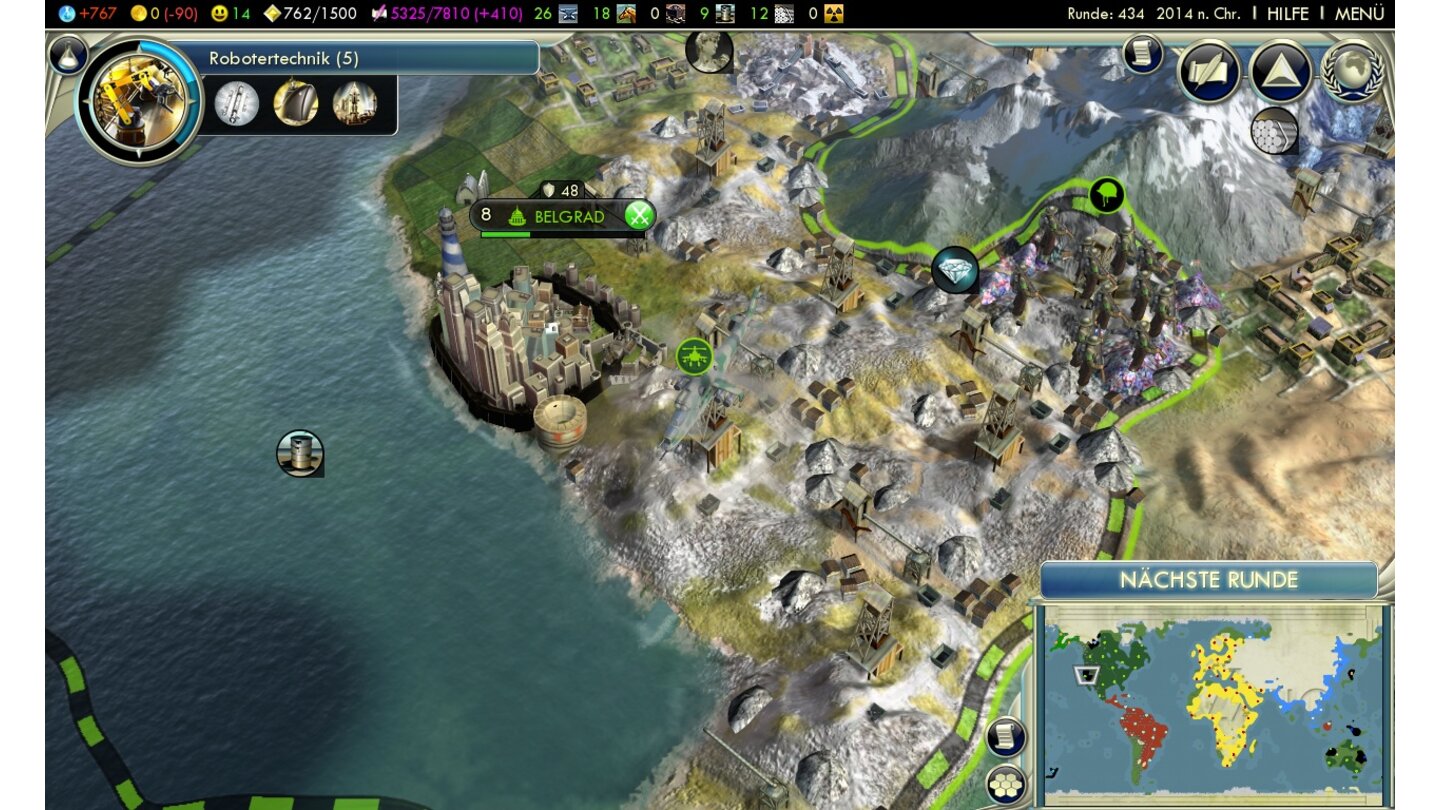 Civilization 5 - Öl 2Wir haben das Spiel das Ölvorkommen markieren lassen. Im Meer sind die Quellen völlig unsichtbar, man findet sie in der normalen Spielansicht nur durch nerviges Suchen mit dem Mauszeiger (oder eben die optionale Rohstoffanzeige).