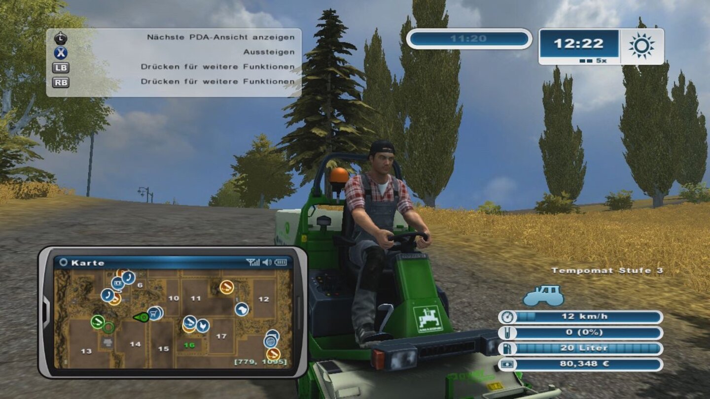 Landwirtschafts-Simulator 2013 - Screenshots aus der KonsolenversionDie Nebenmissionen beschränken sich auf Transport- und Mähaufträge; letztere können wir mit dem Traktor oder dem Aufsitzrasenmäher erfüllen.