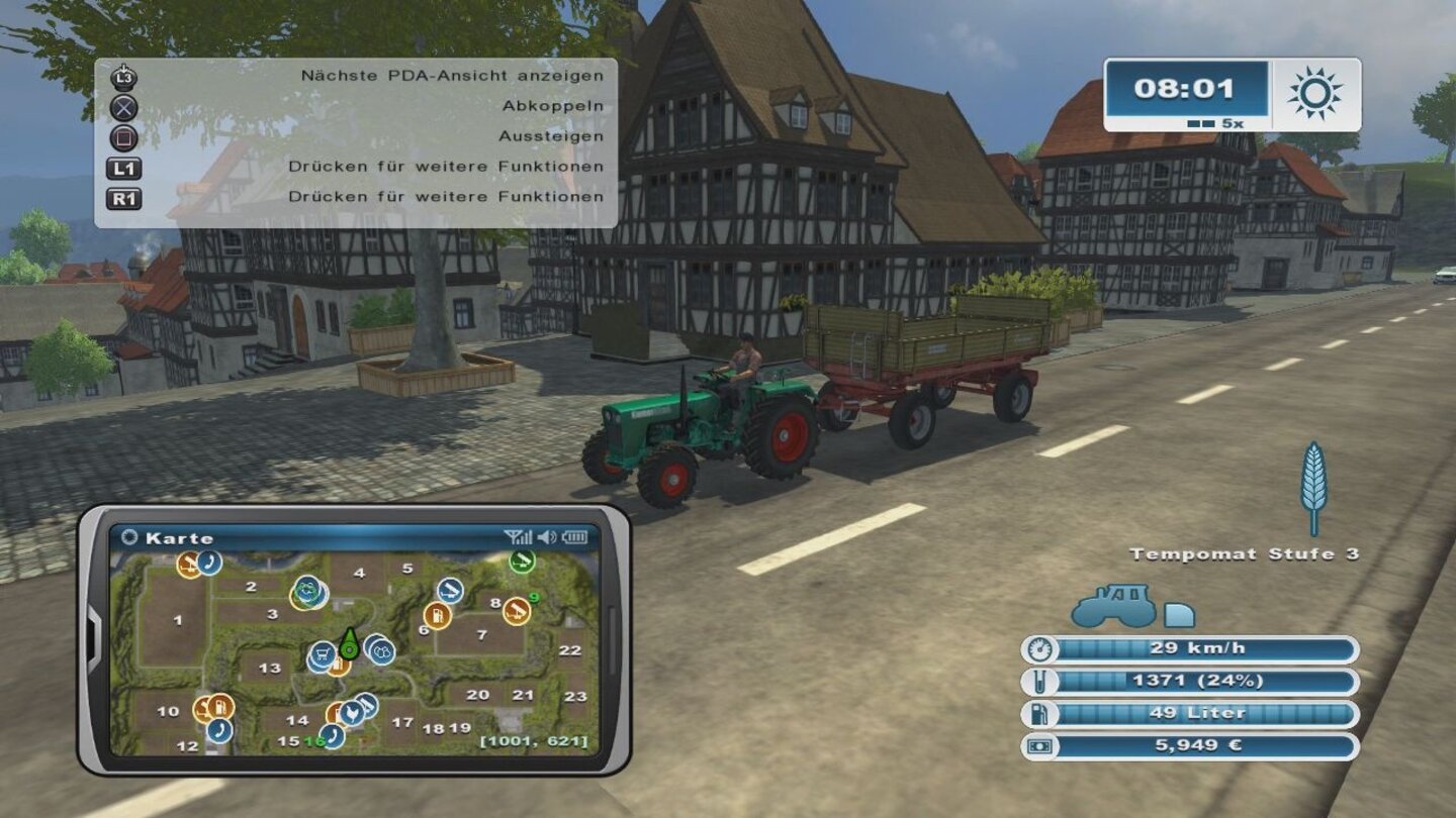 Landwirtschafts-Simulator 2013 - Screenshots aus der KonsolenversionDie grünen Ziffern auf dem PDA zeigen an, welche Felder uns bereits gehören.