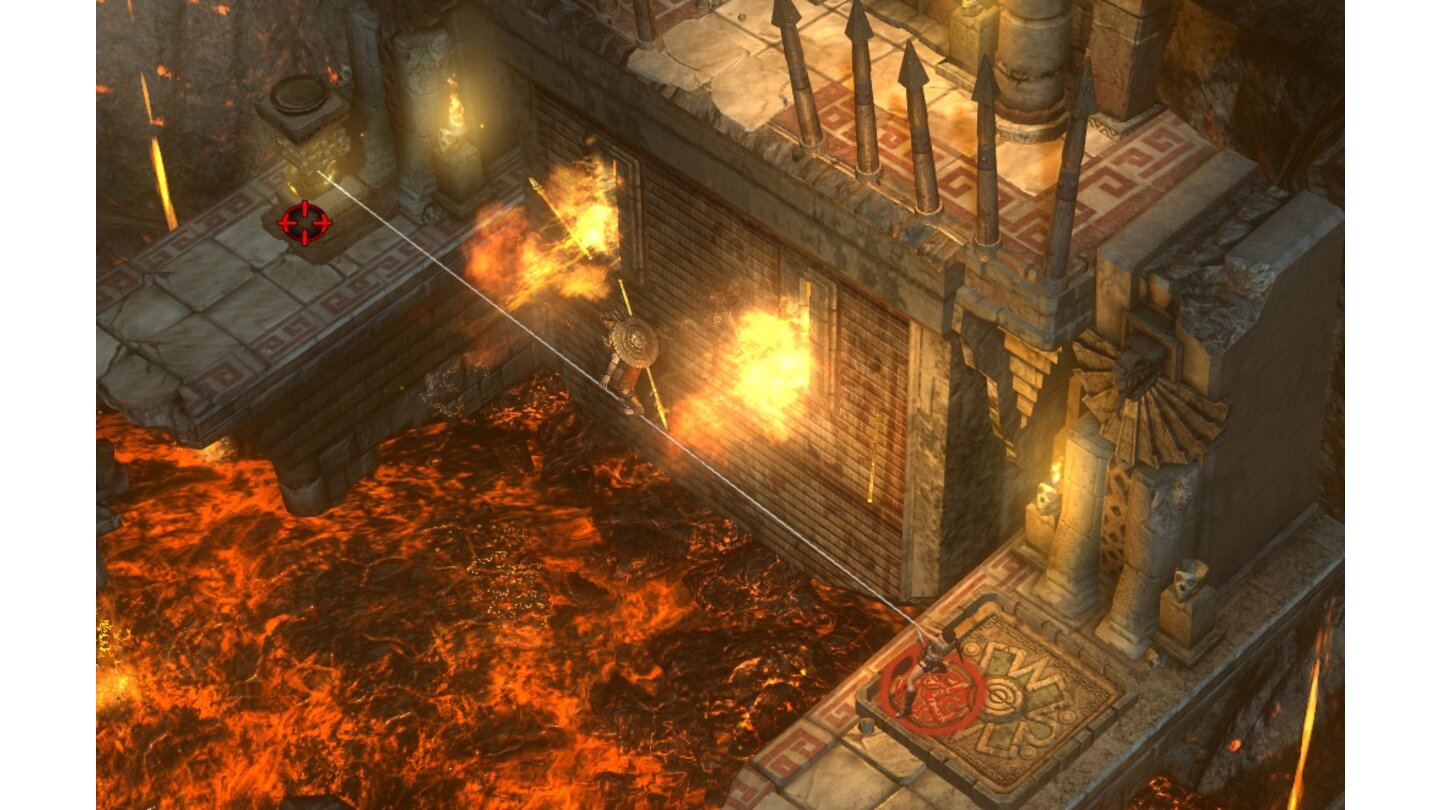 Lara Croft and the Guardian of LightTotec balanciert auf Laras Greifhaken, um die Lavagrube zu überqueren.
