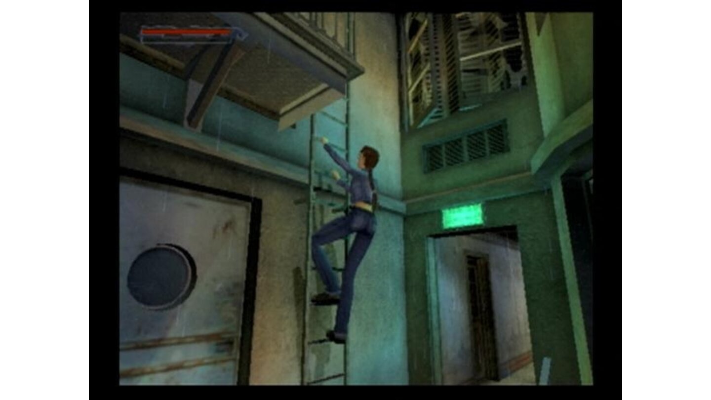 Lara climbing a ladder