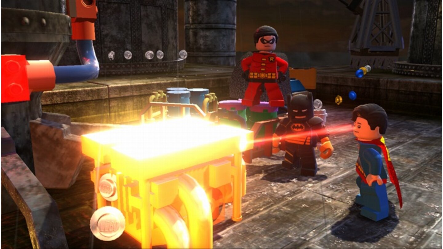 Lego Batman 2: DC Super HeroesAngeber! Superman zerstört mit seinem Hitzeblick Objekte, um sammelbare Legosteine freizulegen.