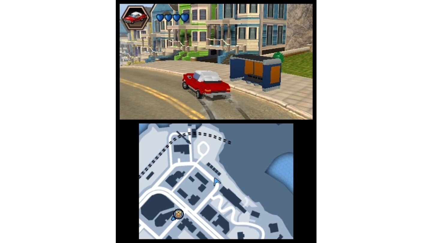 Lego City Undercover: The Chase BeginsZwar gibt es viele Details am Straßenrand wie diese Haltestelle, so detailverliebt wie die Wii U-Version ist die 3DS-Variante aber nicht.