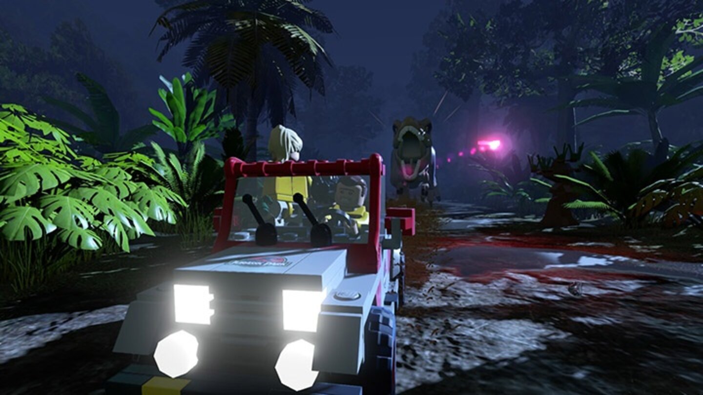 Lego Jurassic WorldWerfen wir dem T-Rex in dieser Szene drei Gegenstände ins Maul, gibt's einen Bonus.