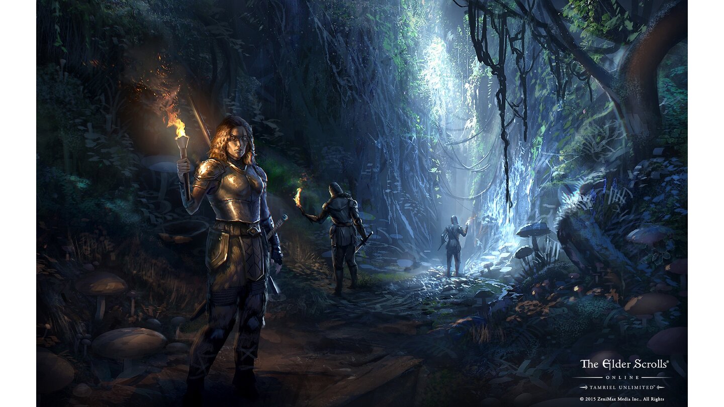 The Elder Scrolls OnlineIn Tamriel hat die breite Vielfalt der Umgebungen in der Oberwelt einen starken Einfluss auf den darunter liegenden Untergrund. Hier hat sich der Dschungel einen Weg in die Tiefen gebahnt und verbirgt nun die Gefahren, denen sich diese kühnen Abenteurer gegenübersehen.