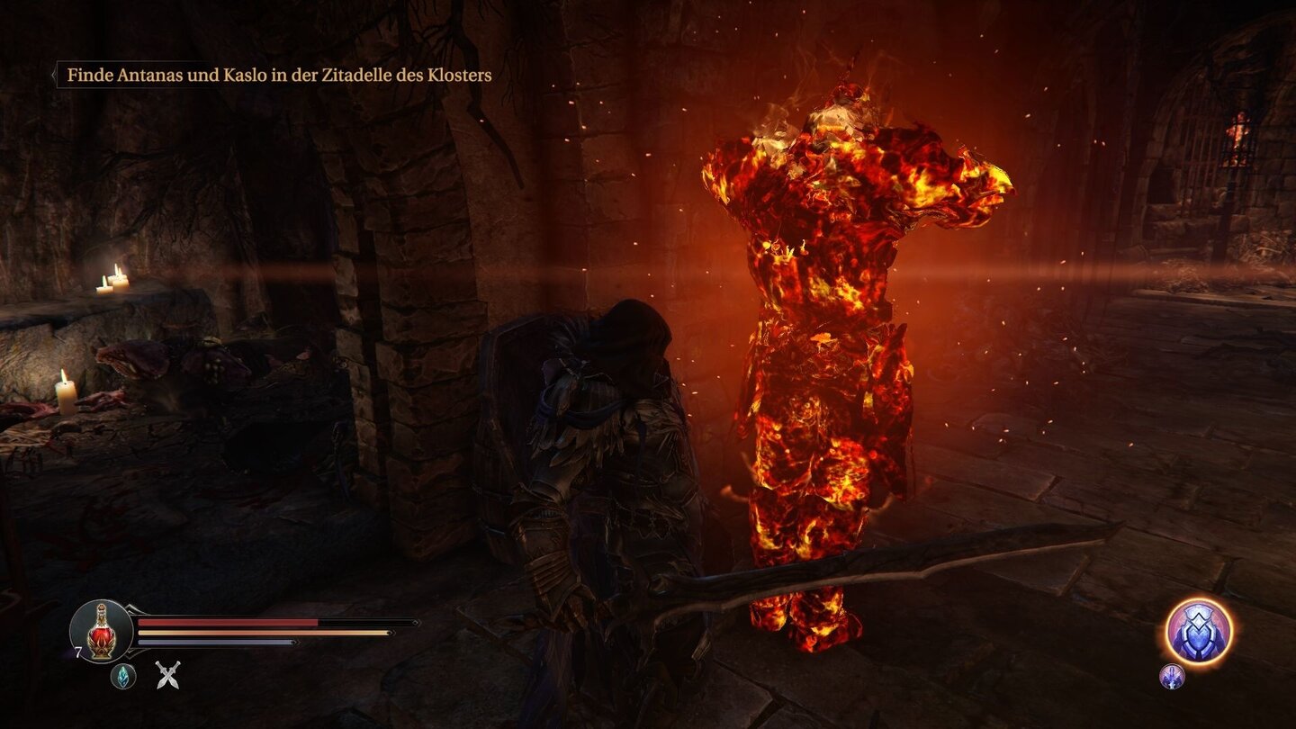 Lords of the FallenMit dem Gebets-Zauber erschaffen wir einen Feuergeist, der nahestehende Feinde ablenkt.