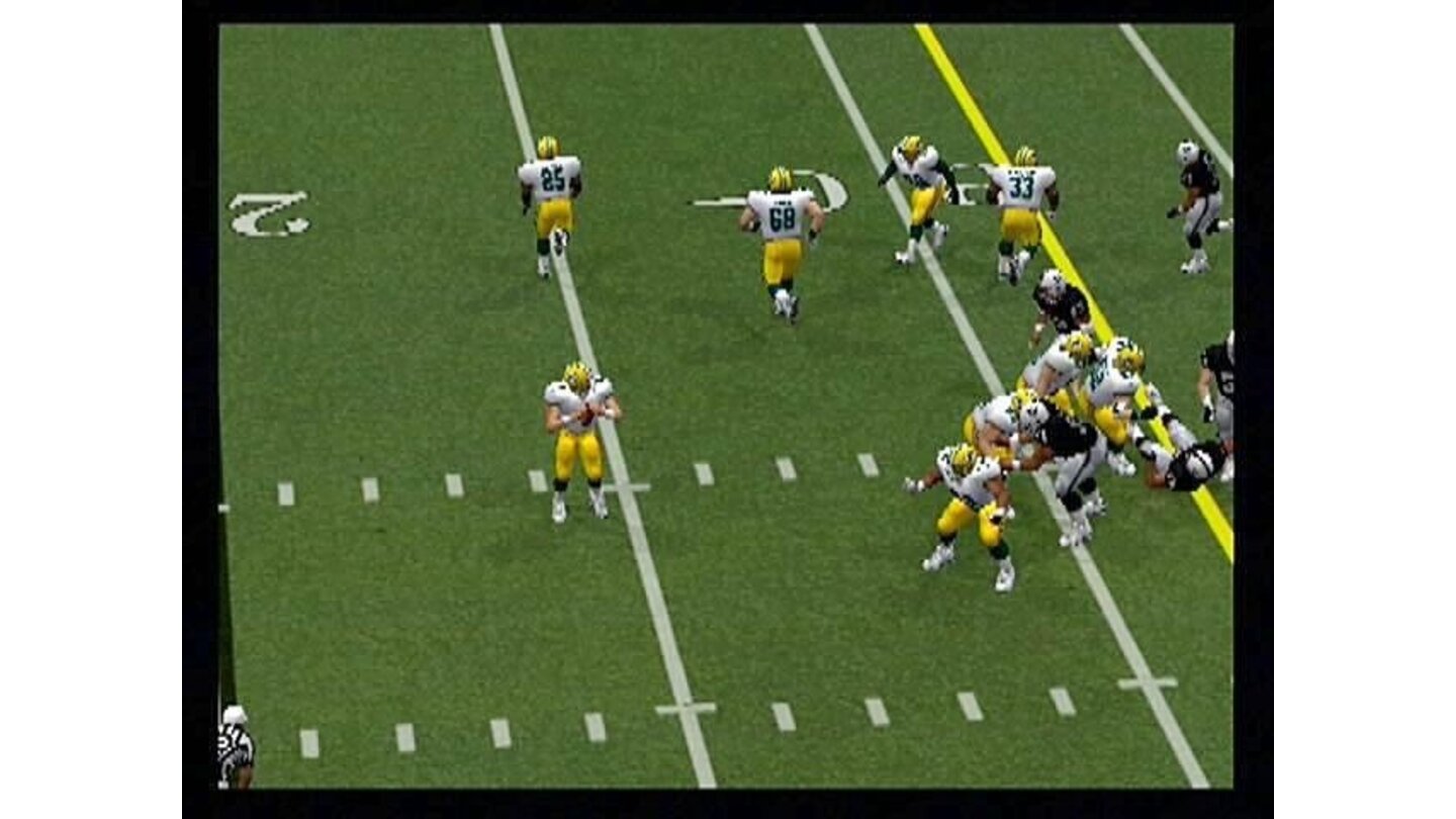 Alone in the pocket. Some of the camera views provide very tv-like displays, including the yellow lines representing the first down line.