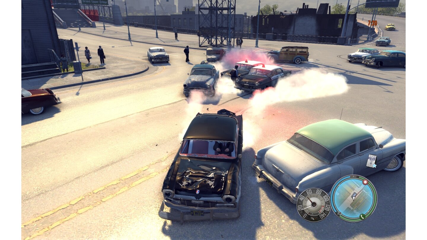 Mafia 2 - PhysX-EffekteMit aktiviertem PhysX schieben Autos Rauchwolken realistisch beiseite.
