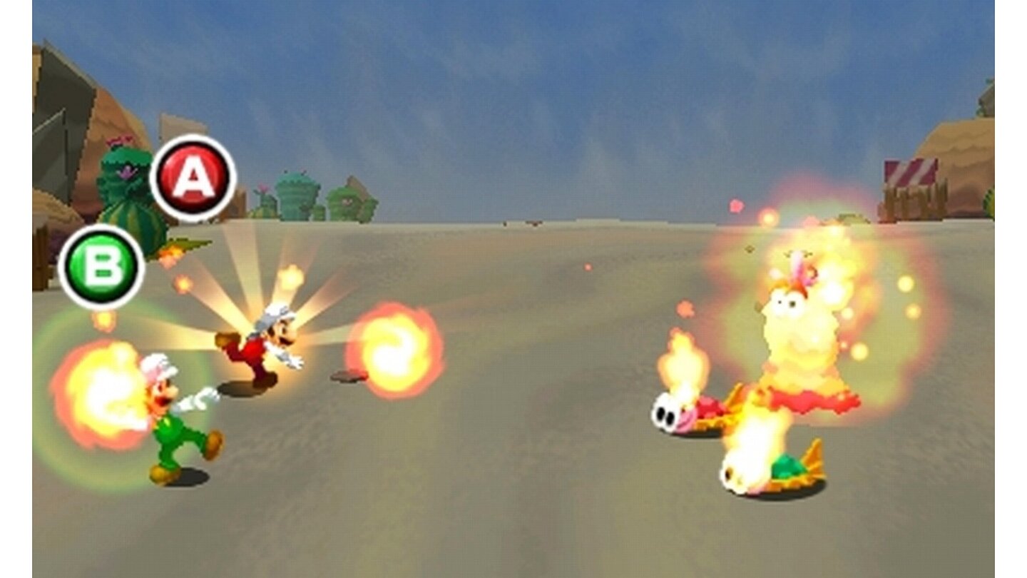 Mario & Luigi: Dream Team Bros.In der Wachwelt steuert ihr die beiden Klempner unabhängig voneinander. Sowohl in der Offensive als auch in der Defensive ist das richtige Timing entscheidend.
