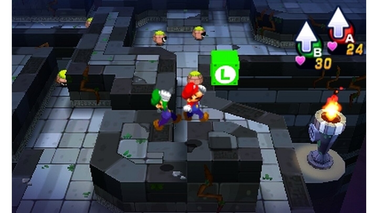 Mario & Luigi: Dream Team Bros.In der realen Welt weicht Luigi nicht von Marios Seite. Den Befehl für einen Sprung erteilt ihr jedem Charakter aber individuell.