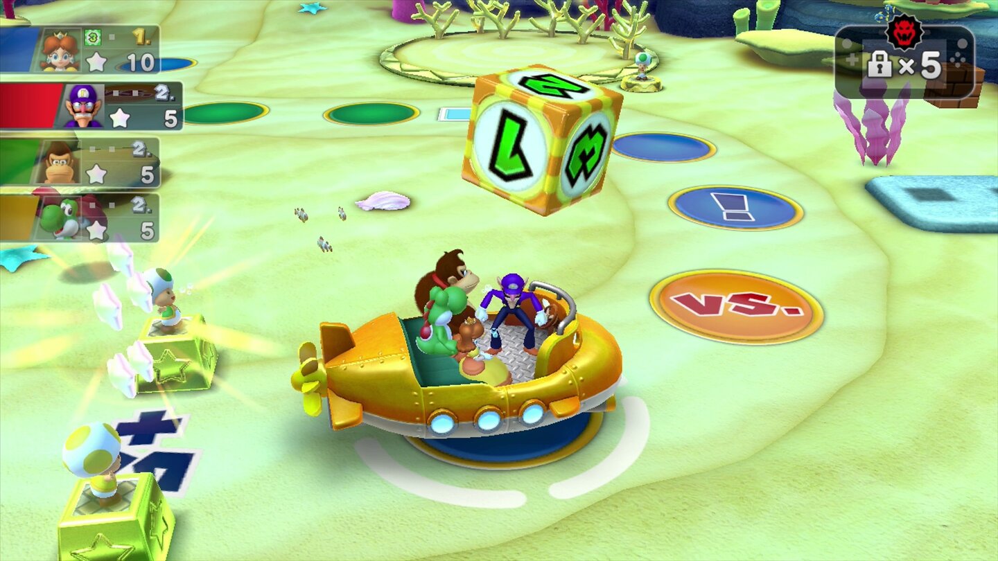 Mario Party 10In der Mario Party ziehen die Spieler nicht abwechselnd, sondern zusammen in einem Fahrzeug über die Spielbretter.