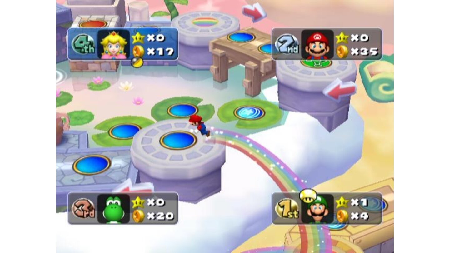 Mario crossing a rainbow bridge