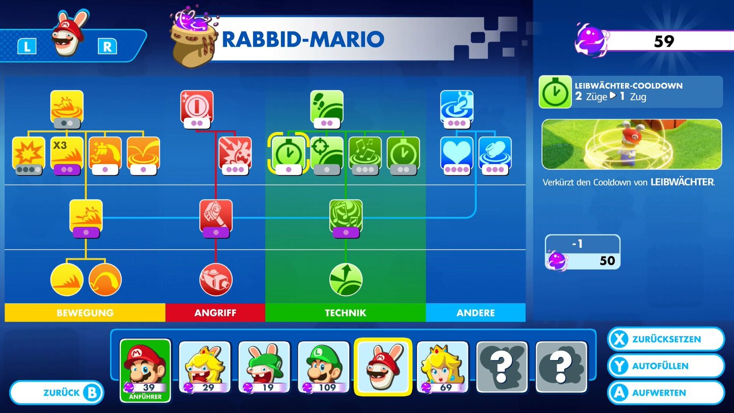 Mario + Rabbids: Kingdom BattleGesammelte Power-Punkte investiert ihr in den vierteiligen Skillbäumen in neue Fähigkeiten. Auch die Lebenspunkte und den Bewegungsradius könnt ihr steigern.