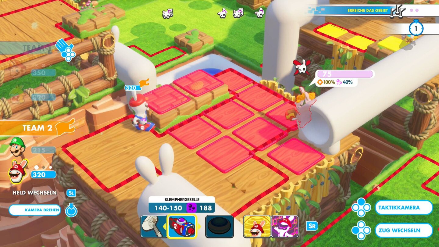 Mario + Rabbids: Kingdom BattleHabt ihr eine Welt durchgespielt, schaltet ihr separate Kooplevels frei, in denen jeder Spieler an einer Nintendo Switch jeweils zwei Charaktere steuert.