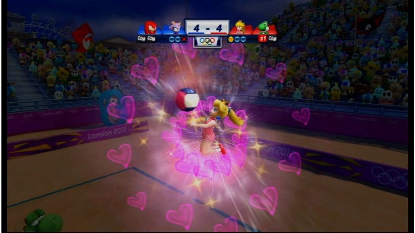 Mario & Sonic bei den Olympischen Spielen 2012Athletin Peach schlägt ihre unhaltbare Spezial-Attacke beim Beach Volleyball.