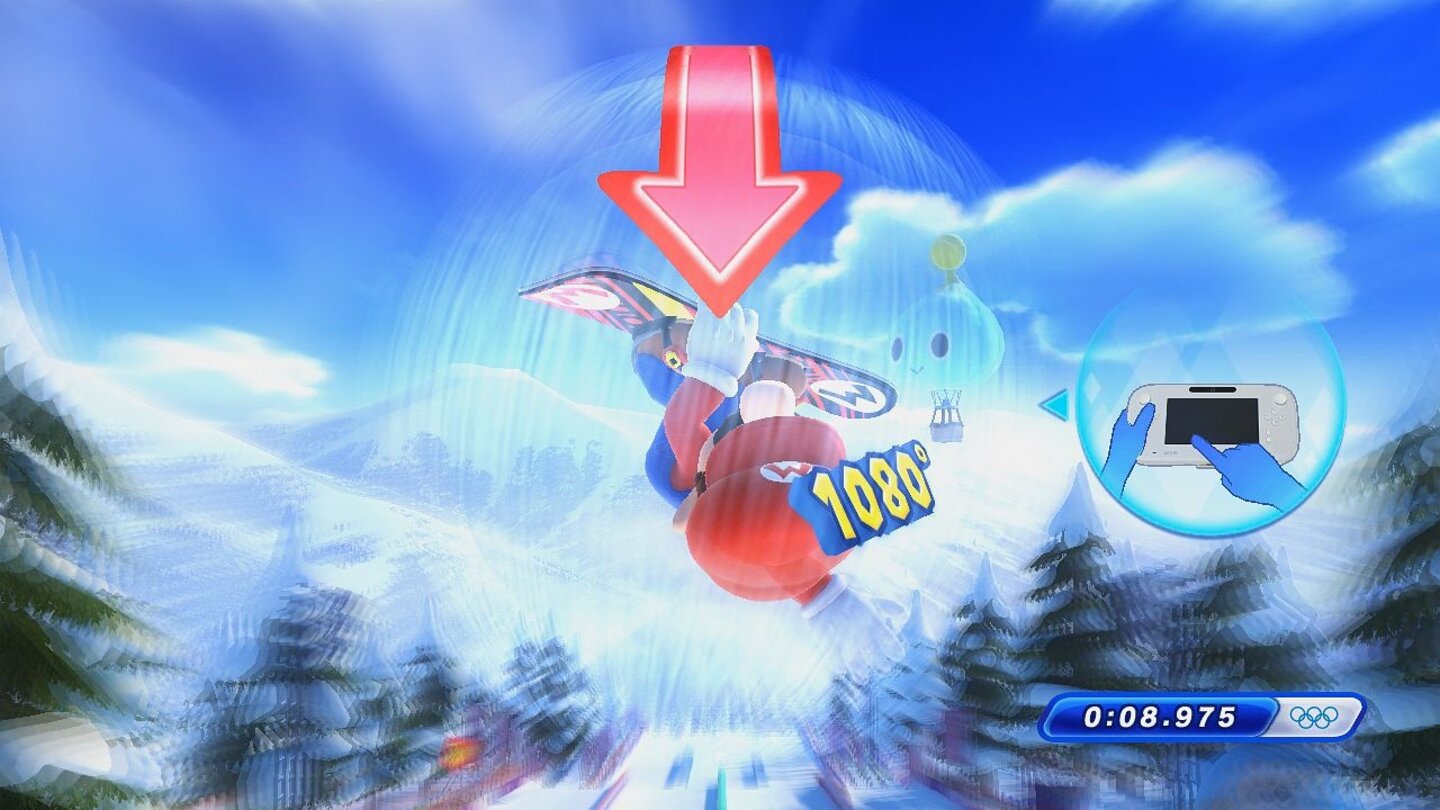 Mario & Sonic: Sotschi 2014Das Touchpad des Wii U-GamePads kommt zwar selten zum Einsatz, wird dann aber zumindest sinnvoll eingesetzt. Beim Snowboard Slopestyle etwa führen wir darauf Tricks aus.