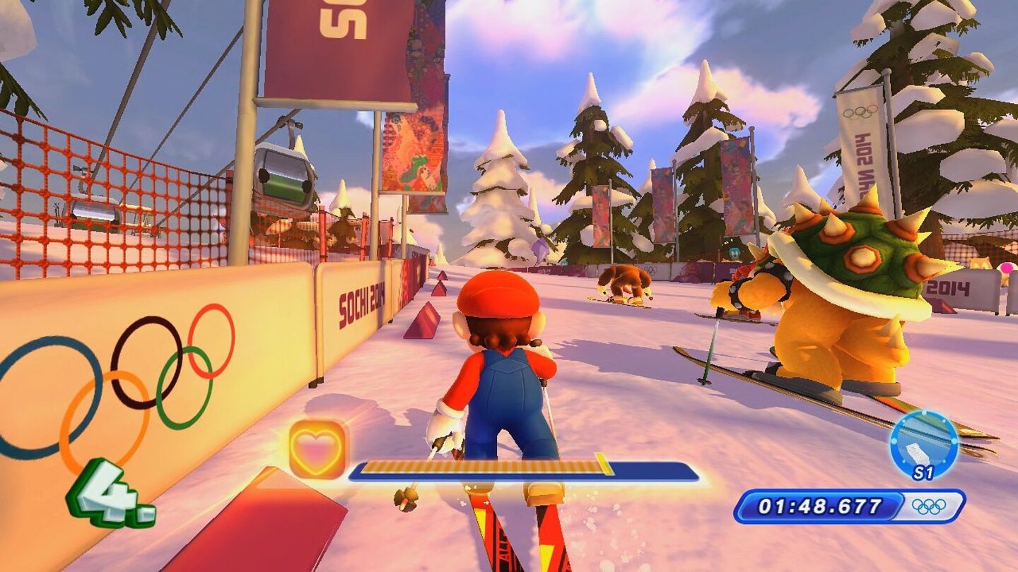 Mario & Sonic: Sotschi 2014Biathlon gehört zu den besseren Disziplinen, da das Wii U-Gamepad sinnvoll eingesetzt wird. Bei den Ski-Abschnitten macht uns aber die schwammige Steuerung zu schaffen.