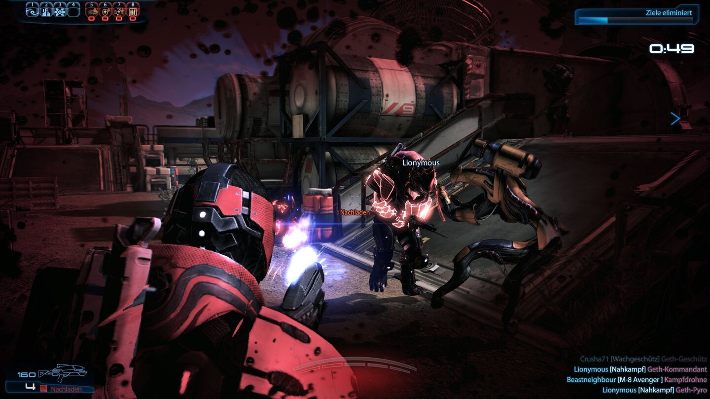 Mass Effect 3 - Koop-ModusJetzt aber schnell in Deckung. Im Multiplayer stirbt man ohne den richtigen Schutz innerhalb von Sekunden.