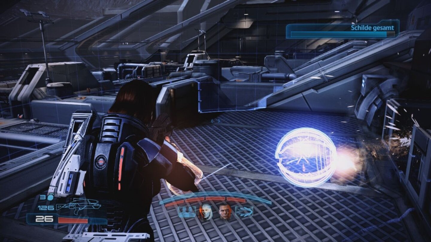 Mass Effect 3: LeviathanMobiler Türöffner in Bedrängnis: Während eines Reaper-Angriffs müssen wir eine kleine Reparaturdrohne beschützen.